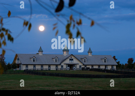 Full Moon Rising über Pferdestall in Woodford County, Kentucky Stockfoto