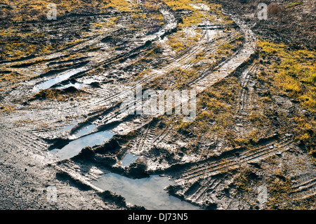 Fahrzeug-Reifenspuren im Schlamm am Straßenrand Patch - Frankreich. Stockfoto