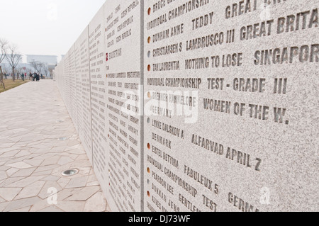 Wand mit Namen Medaillengewinner der Paralympischen Sommerspiele 2008 im Olympic Green - Olympic Park in Peking, China Stockfoto