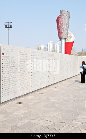 Wand mit Namen Medaillengewinner der Paralympischen Sommerspiele 2008 im Olympic Green - Olympic Park in Peking, China Stockfoto