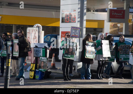 Islington, London, UK. 23. November 2013. Greenpeace-Aktivisten sammeln außerhalb der Shell-Tankstelle in Upper Street Islington, an eine kostenlose The Arctic 30 Protest teilzunehmen. 28-Greenpeace-Aktivisten haben auf Kaution aus einem russischen Gefängnis freigegeben worden, wo sie unter dem Vorwurf der Piraterie und Rowdytum festgehalten wurden. Bildnachweis: Andrea Kantschen/Alamy Live-Nachrichten Stockfoto