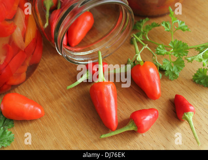 rote Chilischoten auf Holztisch Stockfoto