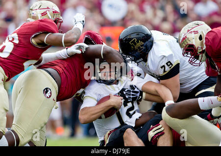 Tallahassee, Florida, USA. 23. November 2013. Idaho Vandalen Quarterback Taylor Davis (12) wird zwischen FSU defensive Spieler im ersten Quartal des NCAA Football-Spiel zwischen den Idaho-Vandalen und der Florida State Seminolen im Doak S. Campbell Stadium in Tallahassee, Florida gequetscht. Bildnachweis: Csm/Alamy Live-Nachrichten Stockfoto