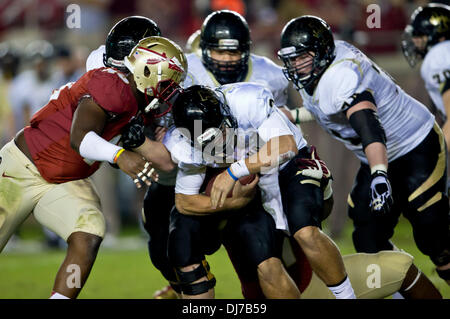 Tallahassee, Florida, USA. 23. November 2013. Idaho Vandalen Quarterback Taylor Davis (12) ist von der FSU-Verteidigung im vierten Quartal des NCAA Football-Spiel zwischen den Idaho-Vandalen und der Florida State Seminolen im Doak S. Campbell Stadium in Tallahassee, Florida entlassen. Florida State besiegt Idaho 80-14. Bildnachweis: Csm/Alamy Live-Nachrichten Stockfoto