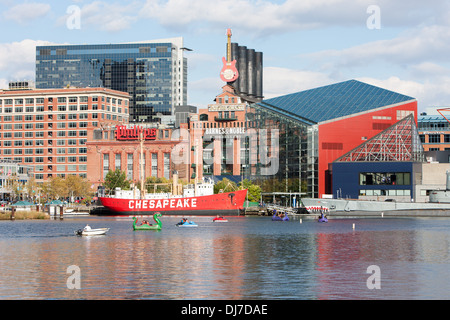 Touristen genießen Paddelboote nahe dem National Aquarium und Feuerschiff Chesapeake in Inner Harbor in Baltimore, Maryland. Stockfoto