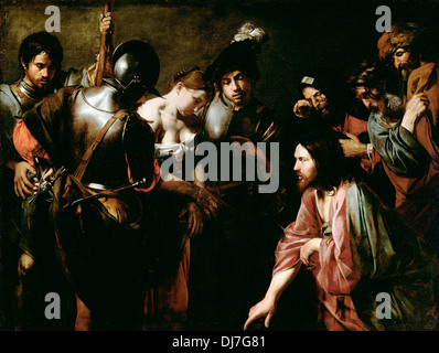 Valentin de Boulogne, Christus und die Ehebrecherin. Ca. 1620s. Öl auf Leinwand. Das J. Paul Getty Museum. Stockfoto