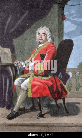 Georg Friedrich Händel (1685-1759). Deutsch-britischer Barock Komponist. Kupferstich von Babbage. Spätere Färbung. Stockfoto