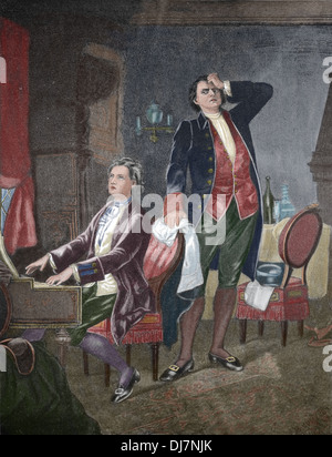 Wolfgang Amadeus Mozart (1756-1791) und Antonio Salieri (1750-1825). Farbige Gravur. Stockfoto