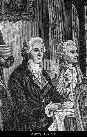 Bankett zu Ehren Mozart. Haydn (1732-1809) und Albrechtsberger (1736-1809). Gravur. Stockfoto