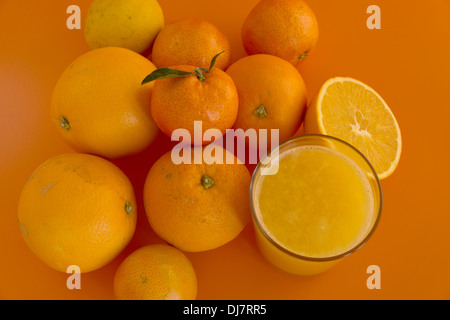 Frische Bio-Orangensaft mit Zitrusfrüchten auf orangem Hintergrund Stockfoto
