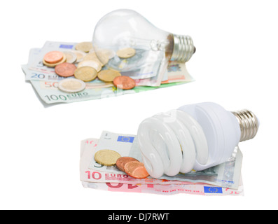 Energieeinsparung und normale Glühbirnen auf euro Stockfoto