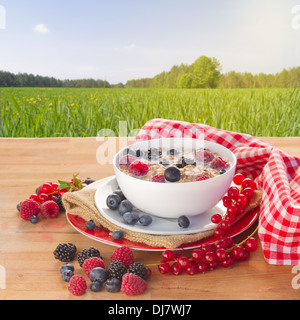 Der Hafer-Flocken-Brei mit Milch und Beeren Stockfoto