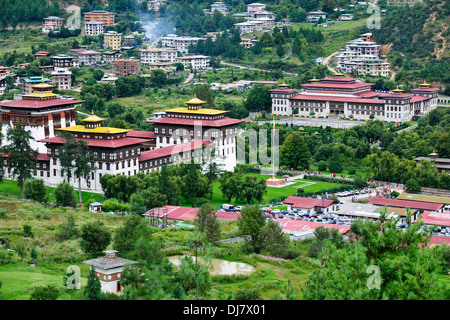 Tashichhoe Dzong, Fort, Thimphu, 4 Tage Tsechu-Festival in Fortschritt, Ansichten und Parlamentsgebäude, farbenfrohe Feste, Bhutan Stockfoto