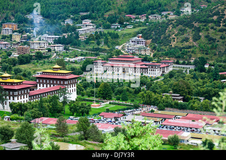 Tashichhoe Dzong, Fort, Thimphu, 4 Tage Tsechu-Festival in Fortschritt, Ansichten und Parlamentsgebäude, farbenfrohe Feste, Bhutan Stockfoto