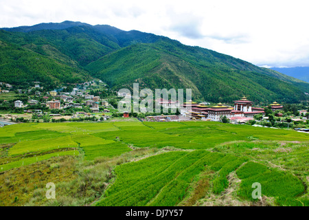 Tashichhoe Dzong, Fort, Thimphu, 4 Tage Tsechu-Festival in Fortschritt, Ansichten und Parlamentsgebäude, farbenfrohe Feste, Bhutan Stockfoto