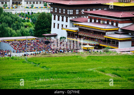 Tashichhoe Dzong, Fort, Thimphu, 4 Tage Tsechu-Festival in Fortschritt, Ansichten und Parlamentsgebäude, farbenfrohe Feste, Bhutan Stockfoto