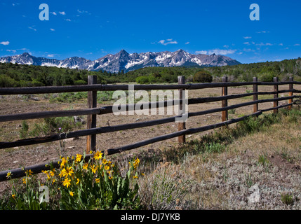 Blauer Himmel mit Holzzaun und die San Juan Mountains auf Ranch Land in Telluride, Colorado, landschaftlich reizvolle Rockies USA, USA, landschaftlich reizvolle USA Stockfoto