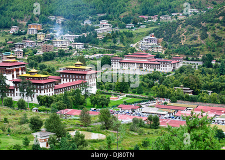 Tashichhoe Dzong, Fort, Thimphu, 4 Tage Tsechu-Festival in Fortschritt, Ansichten und Parlamentsgebäude, farbenfrohe Feste, Bhutan Stockfoto