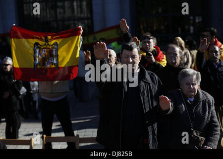 Madrid, Spanien. 24. November 2013. Demonstranten teilen preconstitutionary Fahnen und machen die faschistischen Gruß während einer Protestaktion, die General Francisco Franco Tod erinnert. Hunderte von Menschen Unterstützer der letzten spanischen Diktatur eine Kundgebung am Sonntag anlässlich des Todestages von Diktator Franco. Die Demonstration fand in Madrid der zentralen Plaza de Oriente.Photo: Rodrigo Garcia/NurPhoto Credit: Rodrigo Garcia/NurPhoto/ZUMAPRESS.com/Alamy Live News Stockfoto