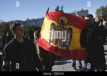 Madrid, Spanien. 24. November 2013. Ein Demonstrant Welle eine konstituierende unter der Masse vor Beendigung der Protest, der Tod von General Francisco Franco erinnert. Hunderte von Menschen Unterstützer der letzten spanischen Diktatur eine Kundgebung am Sonntag anlässlich des Todestages von Diktator Franco. Die Demonstration fand in Madrid der zentralen Plaza de Oriente.Photo: Rodrigo Garcia/NurPhoto Credit: Rodrigo Garcia/NurPhoto/ZUMAPRESS.com/Alamy Live News Stockfoto