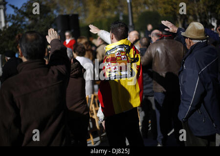 Madrid, Spanien. 24. November 2013. Demonstranten machen die faschistischen Gruß als patriotische Musik klingt bei '' la Plaza de Oriente'' in Madrid während des Protestes, die General Francisco Franco Tod erinnert. Hunderte von Menschen Unterstützer der letzten spanischen Diktatur eine Kundgebung am Sonntag anlässlich des Todestages von Diktator Franco. Die Demonstration fand in Madrid der zentralen Plaza de Oriente.Photo: Rodrigo Garcia/NurPhoto Credit: Rodrigo Garcia/NurPhoto/ZUMAPRESS.com/Alamy Live News Stockfoto