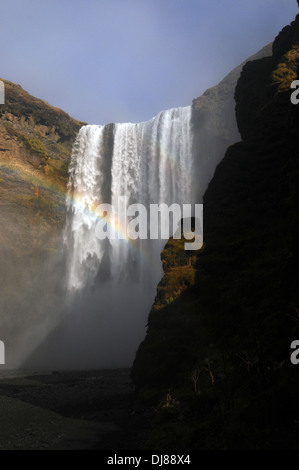 Regenbogen am Skogafoss Wasserfall, Süden Islands Stockfoto