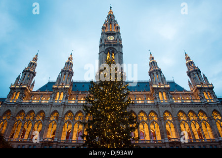 Weihnachtsbaum mit Wiener Rathaus (Rathaus) im Hintergrund, Österreich Stockfoto