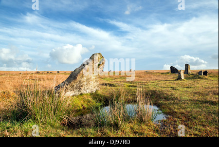 Stehenden Steinen an der Stannon Stone Circle unter rauen Tor auf Bodmin Moor in Cornwall Stockfoto