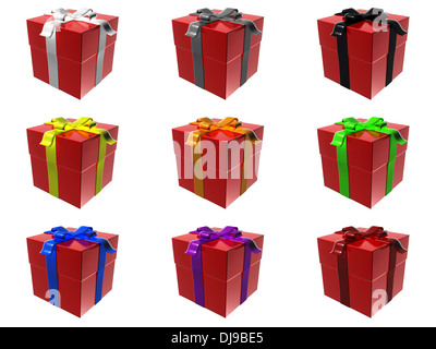 9 rote Geschenk-Boxen mit verschiedenen Band-Farben Stockfoto