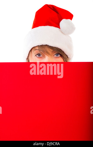 Weihnachtsmädchen mit roten Schild auf weißem Hintergrund Stockfoto