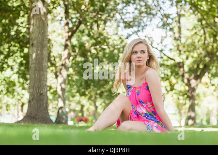 Schöne Frau trägt ein Kleid sitzt auf einer Wiese Stockfoto