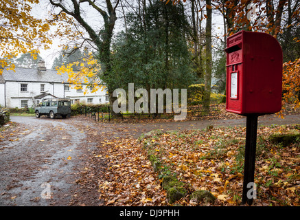 Einen Briefkasten auf einem herbstlich ruhigen Gasse in der Nähe von Lake District Skelwith Fold, in der Nähe von Ambleside, Cumbria Stockfoto