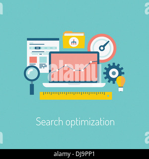 Flache Design-moderne Darstellung der SEO Website Suche Optimierungsprozess mit Webseite, Laptop und andere Symbole Stockfoto