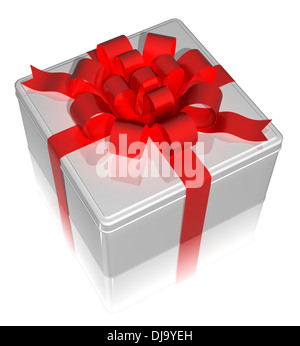 Geschenk-Dose mit einem roten Band auf einem weißen Hintergrund. 3D render Stockfoto