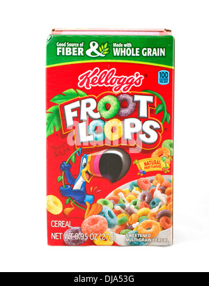 Päckchen von Kellogg's Froot Loops Frühstücks-Cerealien aus einem Fun Pak, USA Stockfoto