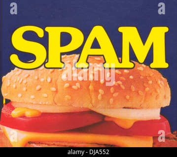 Nahaufnahme des Etiketts auf der Dose Spam verarbeitet Fleisch, USA Stockfoto