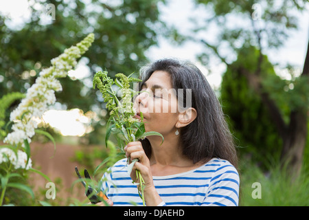 Hispanic Frau duftende Blumen im Garten Stockfoto