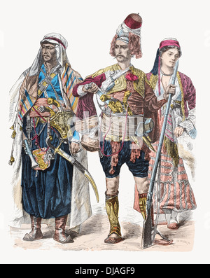 19. Jahrhundert XIX Kostüme links an richtigen Maroniten des Libanon, Zeibek und Christian libanesischen Frau bewaffnet Stockfoto