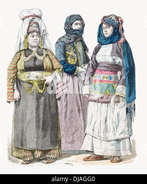 19. Jahrhundert XIX kurdische Frau (links) Frauen von Preveza (Cente) und Chios (rechts) Stockfoto