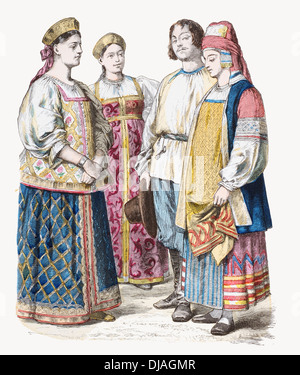 19. Jahrhundert XIX Russland links nach rechts Damen von Jaroslaw, Tvier Polen und ein paar aus Kaluga Brokatstoff Stickerei Baumwolle Stockfoto