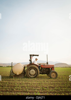 Kaukasische Landwirt Traktor Ernte Feld fahren Stockfoto