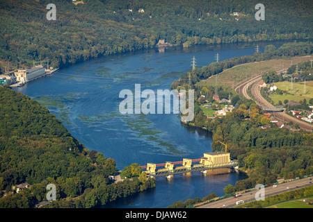 Luftaufnahme, Hengstey Lauf des Flusses Kraftwerk auf See Hengsteysee, Herdecke, Hagen, Nordrhein-Westfalen, Deutschland Stockfoto