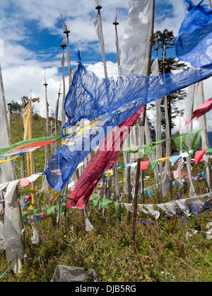 Bhutan, Phobjika,, Pele, La, Pass, Gebetsfahnen über Straße Stockfoto