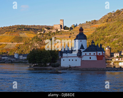 Sonne Aufgang über Bäumen gesäumten Nebel Rhein Stockfoto