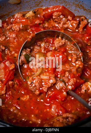 Spaghetti Bolognese-Sauce gebraten auf einer Pfanne, mit Zwiebeln, Fleisch, Geranie Stockfoto