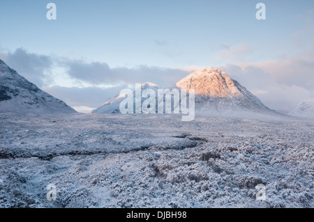 Schnee bedeckt, Heidekraut und Morgenlicht an Stob Dearg, Buachaille Etive Mor, Glencoe, Highlands von Schottland Stockfoto