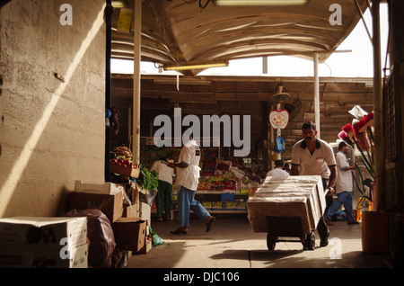 Ein Immigrant Woker transportiert Güter in einem Dolly im Deiras Obst- und Gemüsemarkt. Dubai, Vereinigte Arabische Emirate. Stockfoto