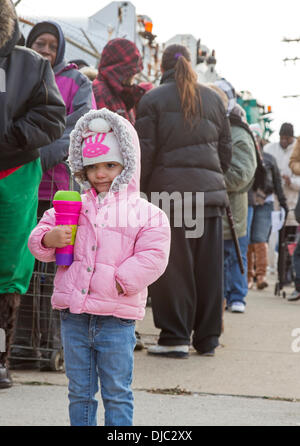 Detroit, Michigan, USA. 26. November 2013. Detroit Bewohner eines 600 kostenlose Thanksgiving Truthähne gestiftet von einer lokalen Firma, inländischen Gewässern Pollution Control aufgereiht. Bildnachweis: Jim West/Alamy Live-Nachrichten Stockfoto