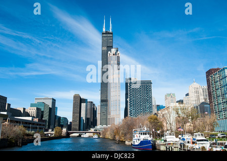 Blick auf die Skyline von Chicago und South Loop aus den südlichen Zweig des Chicago River in Chicago, Illinois. Stockfoto