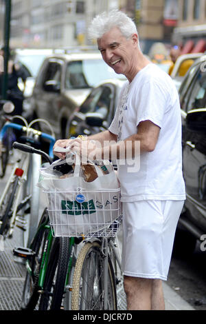 David Byrne ehemaligen Talking Heads-Frontmann kehrt in sein Fahrrad mit Lebensmittel, nach dem Einkauf auf ganze Lebensmittel Markt New York City, USA - 02.09.12